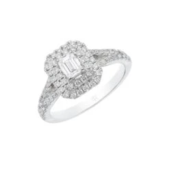 Chisholm Hunter Platinum Emerald Cut 0.33ct Diamond Halo Solitaire Ring