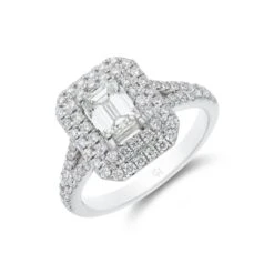 Chisholm Hunter Platinum Emerald Cut 0.75ct Diamond Halo Solitaire Ring