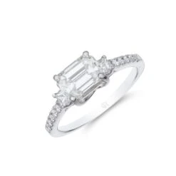 Chisholm Hunter 18ct White Gold 1.50ct Emerald Cut 1.80ct Trilogy Diamond Ring Size J