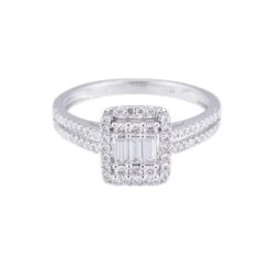 Chisholm Hunter 18ct White Gold Approx 0.60ct Baguette & Round Brilliant Cluster & Diamond Shoulder Ring