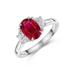 Chisholm Hunter 18ct White Gold Oval Cut 1.97ct Ruby And 0.52ct Diamond Three Stone Ring