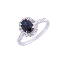 Chisholm Hunter 18ct White Gold Oval Cut Sapphire 2.27ct Diamond Halo Ring