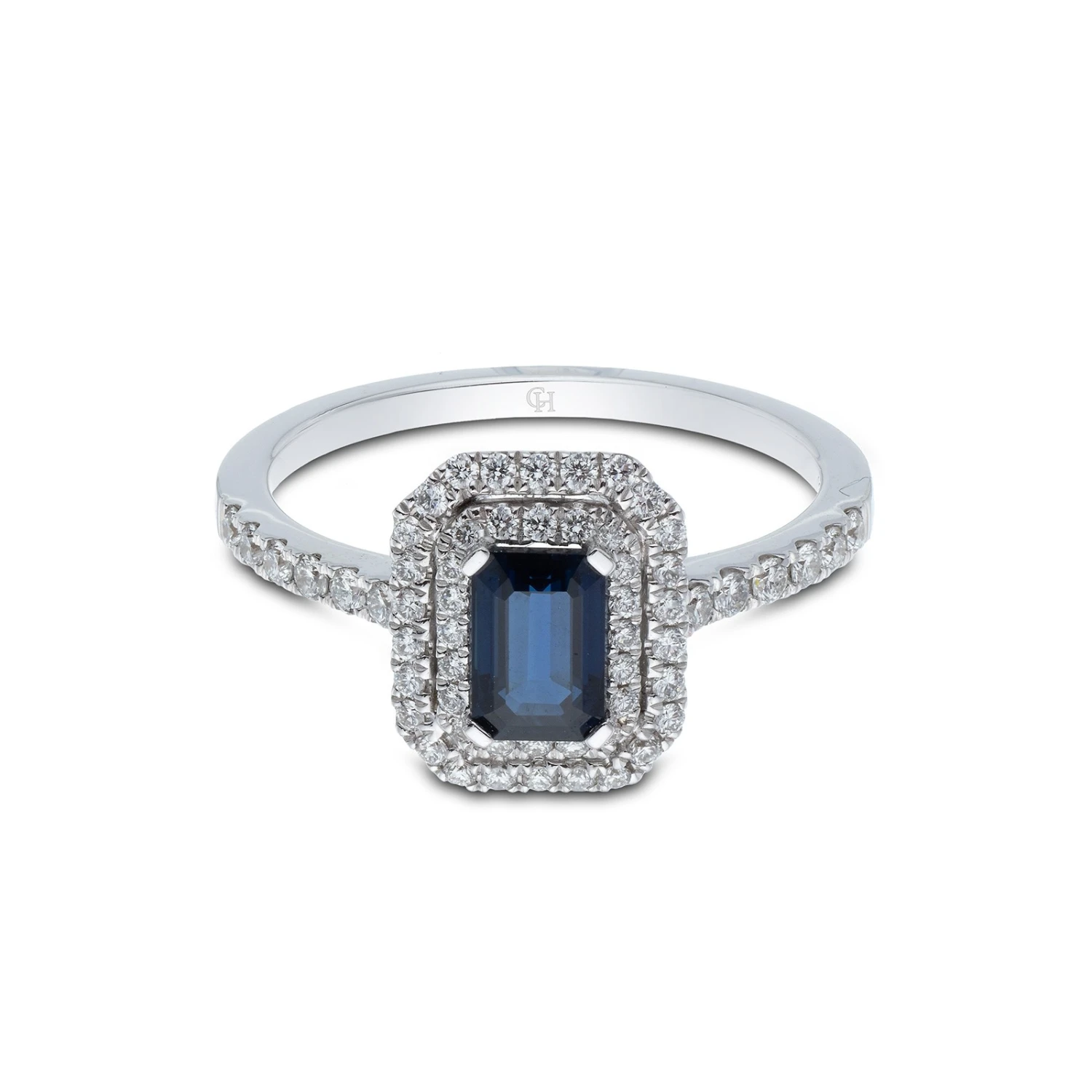 Chisholm Hunter 18ct White Gold Emerald Cut Sapphire 1.12ct Diamond Double Halo Ring 4 Chisholm Hunter 18ct White Gold Emerald Cut Sapphire 1.12ct Diamond Double Halo Ring - Image 2