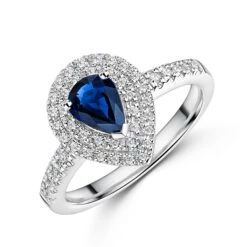 Chisholm Hunter 18ct White Gold 0.75ct Pear Cut Sapphire And 0.21ct Double Halo And Diamond Shoulders Ring
