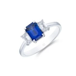 Chisholm Hunter 18ct White Gold Emerald Cut 1.12ct Sapphire And 0.43ct Diamond Three Stone Ring