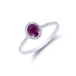 Chisholm Hunter 18ct White Gold Oval Cut Ruby 0.70ct Diamond Halo Ring