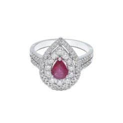 Chisholm Hunter 18ct White Gold Pear Cut 0.75ct Ruby And 0.77ct Diamond Halo Ring -Chisholm Hunter 13 111 01 0115 18ct white gold 0.75ct pear cut ruby and 0.77ct double halo and double row diamond shoulders ring 2 1