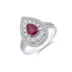 Chisholm Hunter 18ct White Gold Pear Cut 0.75ct Ruby And 0.77ct Diamond Halo Ring