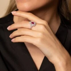 Chisholm Hunter 18ct White Gold Pear Cut 0.75ct Ruby And 0.77ct Diamond Halo Ring -Chisholm Hunter 13 111 01 0115 c