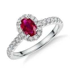 Chisholm Hunter 18ct White Gold Oval Cut 0.34ct Ruby And 0.49ct Diamond Halo Ring