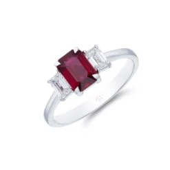 Chisholm Hunter 18ct White Gold Emerald Cut 1.07ct Ruby And 0.39ct Diamond Three Stone Ring
