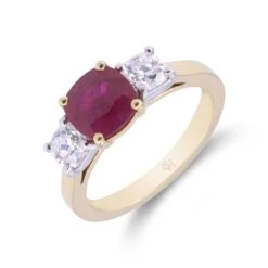 Chisholm Hunter 18ct Yellow Gold Cushion Cut Ruby 1.83ct And Certificated Round Brilliant Cut Diamond 0.80ct 3 Stone