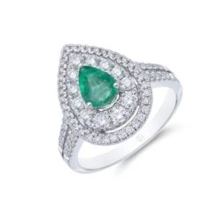 Chisholm Hunter 18ct White Gold Pear Cut 0.75ct Emerald & Diamond Halo Ring