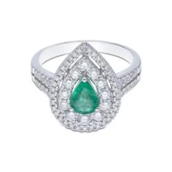 Chisholm Hunter 18ct White Gold Pear Cut 0.75ct Emerald & Diamond Halo Ring -Chisholm Hunter 13 112 01 0065b