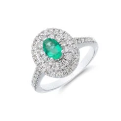 Chisholm Hunter 18ct White Gold 0.50ct Oval Cut Emerald And 0.47ct Halo Diamond Ring
