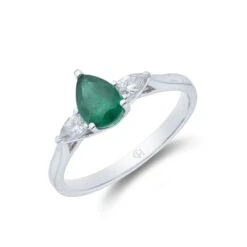 Chisholm Hunter 18ct White Gold Pear Cut Emerald And Diamond 0.87ct Three Stone Ring
