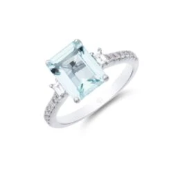 Chisholm Hunter 9ct White Gold Brilliant Cut Diamond And Baguette Cut Aquamarine 0.18ct And 2.50ct Three Stone Ring