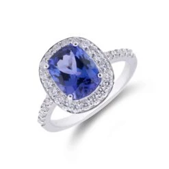 Chisholm Hunter 14ct White Gold Cushion Cut Tanzanite 2.05ct Diamond Halo Ring
