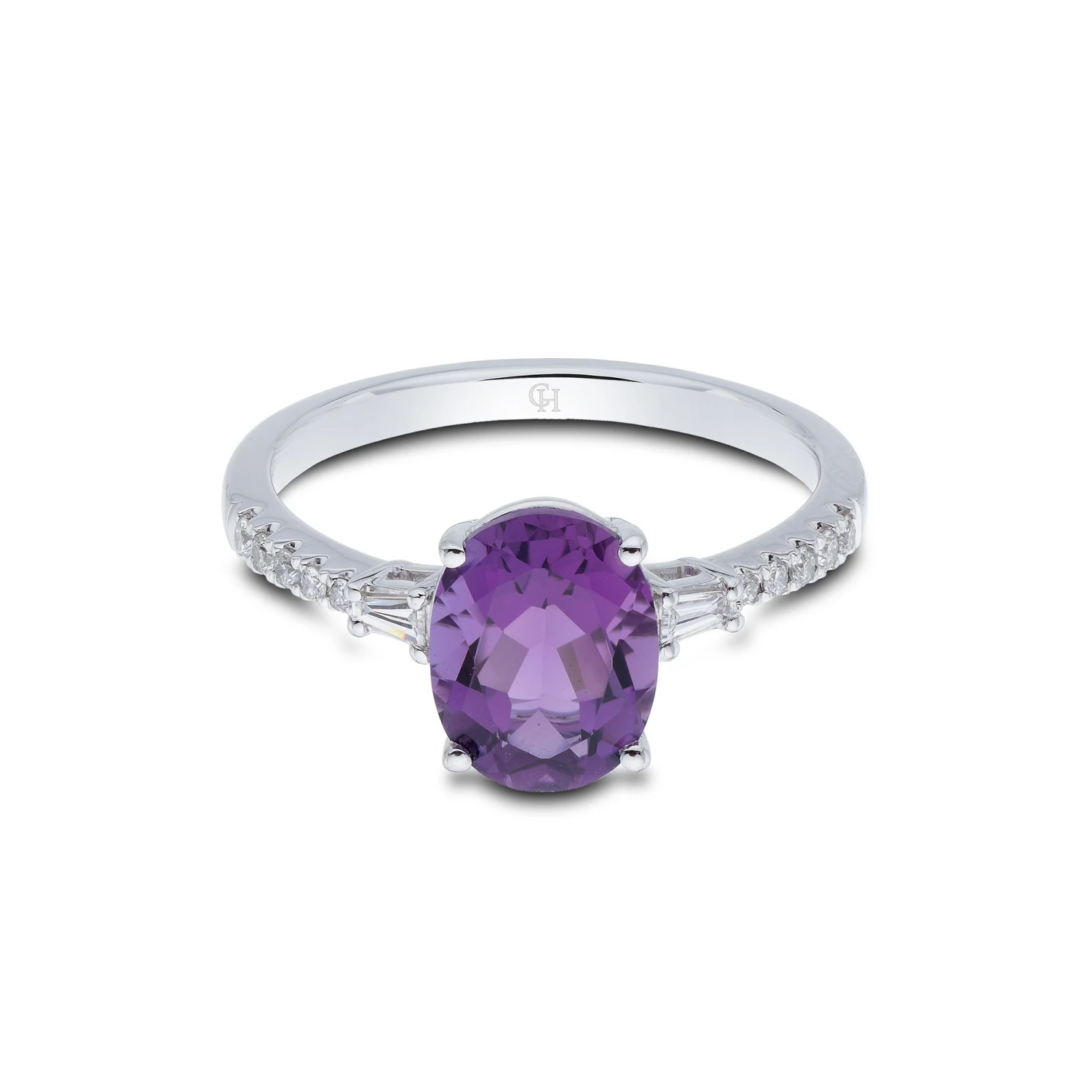 Chisholm Hunter 9ct White Gold Oval Cut Amethyst And Emerald Cut Diamond 2.13 Three Stone Ring 5 Chisholm Hunter 9ct White Gold Oval Cut Amethyst And Emerald Cut Diamond 2.13 Three Stone Ring - Image 3