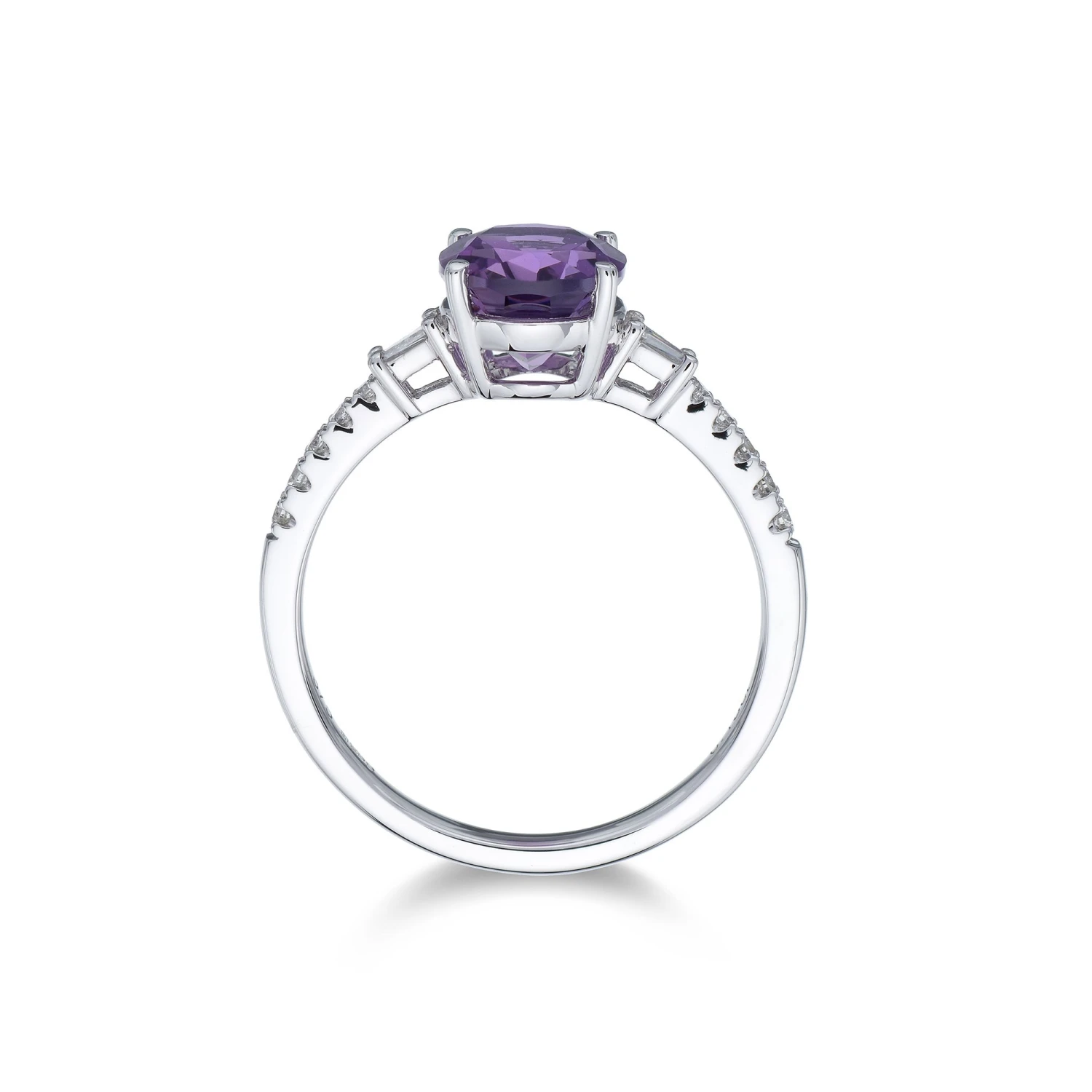 Chisholm Hunter 9ct White Gold Oval Cut Amethyst And Emerald Cut Diamond 2.13 Three Stone Ring 6 Chisholm Hunter 9ct White Gold Oval Cut Amethyst And Emerald Cut Diamond 2.13 Three Stone Ring - Image 4