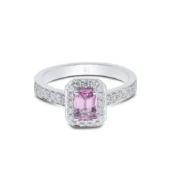 Chisholm Hunter 18ct White Gold Emerald Cut Pink Sapphire 0.92ct Diamond Halo Ring -Chisholm Hunter 13 116 01 0027 flat