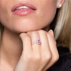 Chisholm Hunter 18ct White Gold Emerald Cut Pink Sapphire 0.92ct Diamond Halo Ring -Chisholm Hunter 13 116 01 0027 om 2