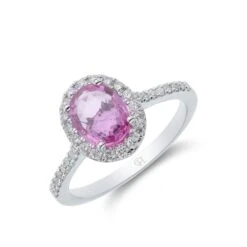 Chisholm Hunter 18ct White Gold Oval Cut Pink Sapphire 2.17ct Diamond Halo Ring