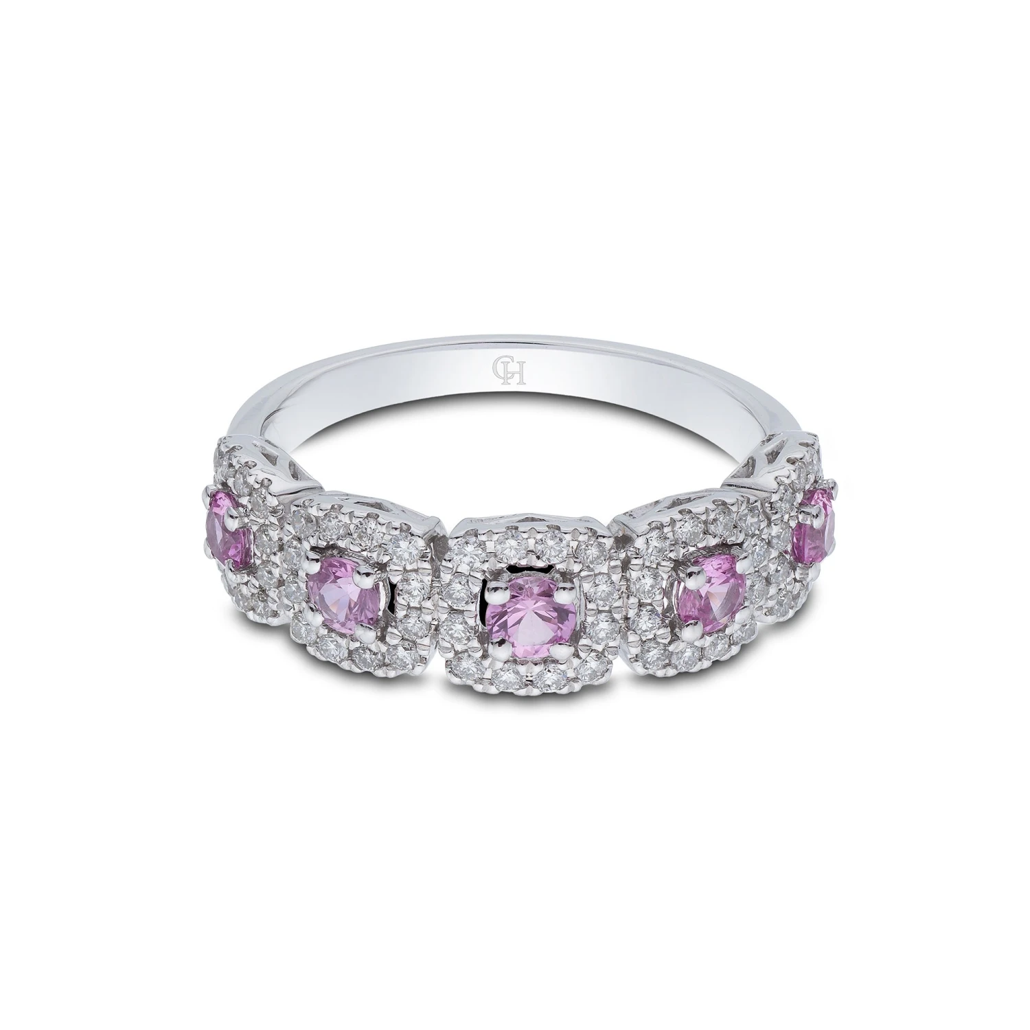 Chisholm Hunter 9ct White Gold Brilliant Cut Pink Sapphire 0.75ct Diamond Halo Fancy Band 5 Chisholm Hunter 9ct White Gold Brilliant Cut Pink Sapphire 0.75ct Diamond Halo Fancy Band - Image 3