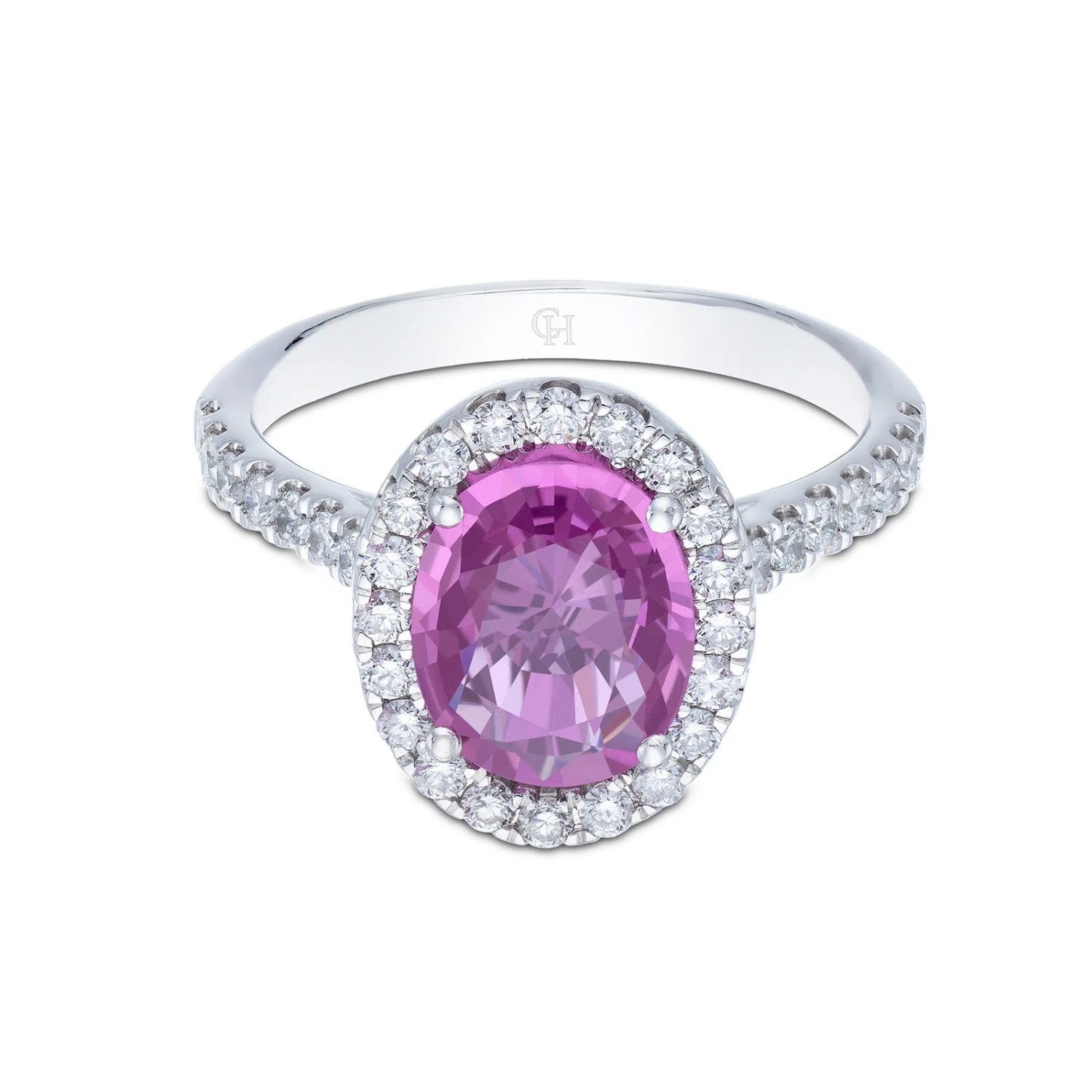 Chisholm Hunter Platinum Oval Cut 3.43ct Pink Sapphire & Brilliant Cut Diamond Halo Ring 4 Chisholm Hunter Platinum Oval Cut 3.43ct Pink Sapphire & Brilliant Cut Diamond Halo Ring - Image 2