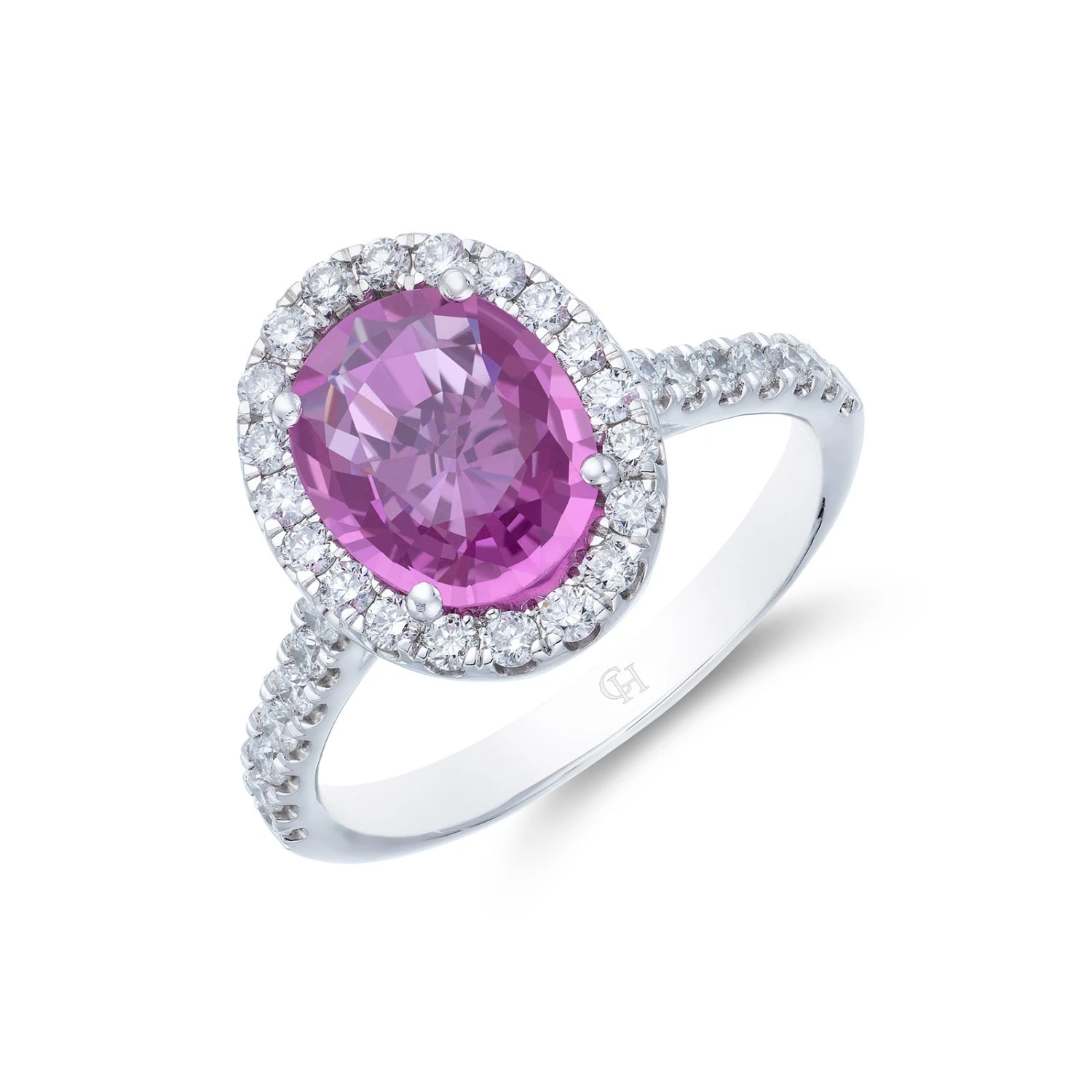 Chisholm Hunter Platinum Oval Cut 3.43ct Pink Sapphire & Brilliant Cut Diamond Halo Ring 3 Chisholm Hunter Platinum Oval Cut 3.43ct Pink Sapphire & Brilliant Cut Diamond Halo Ring