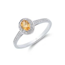 Chisholm Hunter 9ct White Gold Oval Cut Citrine 0.53ct Diamond Halo Ring