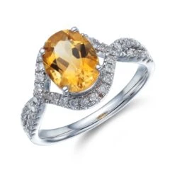 Chisholm Hunter 18ct White Gold 2.34ct Oval Cut Citrine And Brilliant Cut Diamond Twisted Shoulders Ring