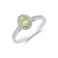 Chisholm Hunter 9ct White Gold Solitaire Oval Cut Peridot And Diamond 0.53ct Halo Ring
