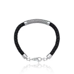 Chisholm Hunter Sterling Silver Herringbone & Plaited Leather Mens Bracelet