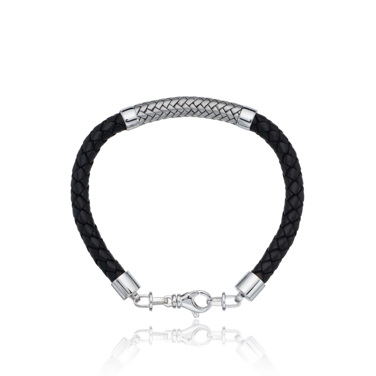 Chisholm Hunter Sterling Silver Herringbone & Plaited Leather Mens Bracelet 3 Chisholm Hunter Sterling Silver Herringbone & Plaited Leather Mens Bracelet