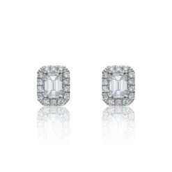 Chisholm Hunter 18ct White Gold Emerald Cut 0.74ct Diamond Halo Stud Earrings
