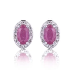 Chisholm Hunter 9ct White Gold Oval Cut 0.70ct Ruby And 0.10ct Diamond Earrings