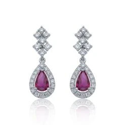 Chisholm Hunter 9ct White Gold Pear Cut Ruby 1.50ct Diamond Halo Drop Earrings