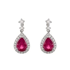 Chisholm Hunter 18ct White Gold Ruby And Diamond Halo Drop Earrings