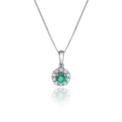 Chisholm Hunter 9ct White Gold 0.10ct Diamond And Emerald Halo Pendant