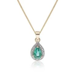 Chisholm Hunter 9ct Yellow Gold Pear Cut Emerald And 0.04ct Diamond Halo Pendant