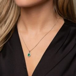 Chisholm Hunter 18ct White Gold Oval Cut 0.85ct Emerald And Diamond Halo Pendant -Chisholm Hunter 16 127 03 0012 model