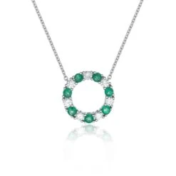 Chisholm Hunter 18ct White Gold 0.35ct Emerald And 0.40ct Round Brilliant Diamond Circle Pendant