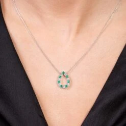 Chisholm Hunter 18ct White Gold 0.35ct Emerald And 0.40ct Round Brilliant Diamond Pear Pendant -Chisholm Hunter 16 127 03 0017 om 1