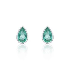 Chisholm Hunter 9ct White Gold Pear Cut Emerald Rub Over Earrings