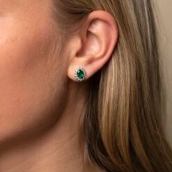 Chisholm Hunter 18ct White Gold Oval Cut Emerald 1.90ct Diamond Traditional Halo Stud Earrings -Chisholm Hunter 16 127 07 0009