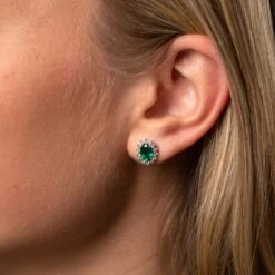 Chisholm Hunter 18ct White Gold Oval Cut Emerald 1.90ct Diamond Traditional Halo Stud Earrings -Chisholm Hunter 16 127 07 0009 earring
