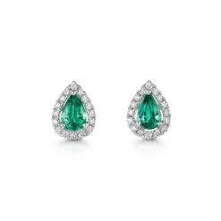 Chisholm Hunter 18ct White Gold 0.68ct Diamond And 0.22ct Emerald Pear Halo Earrings