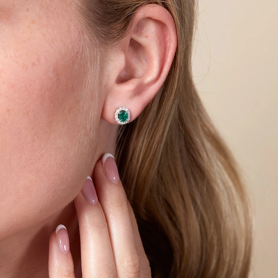 Chisholm Hunter 18ct White Gold Oval Cut 0.33ct Emerald And 0.48ct Diamond Halo Earrings 4 Chisholm Hunter 18ct White Gold Oval Cut 0.33ct Emerald And 0.48ct Diamond Halo Earrings - Image 2