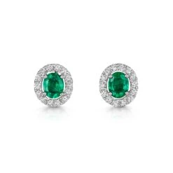 Chisholm Hunter 18ct White Gold Oval Cut 0.33ct Emerald And 0.48ct Diamond Halo Earrings